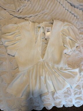 HYFVE Ivory Smocked V-Neck Peplum Puff Sleeve Top